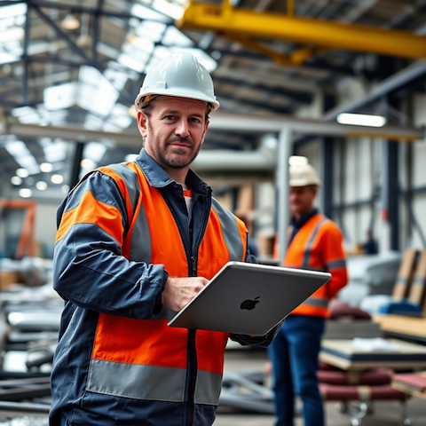 Industrial worker wearing a hard hat and high-visibility vest using a tablet inside a manufacturing facility
